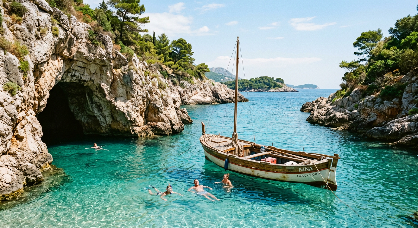 Wooden boat anchored in a turquoise cove beside limestone cliffs