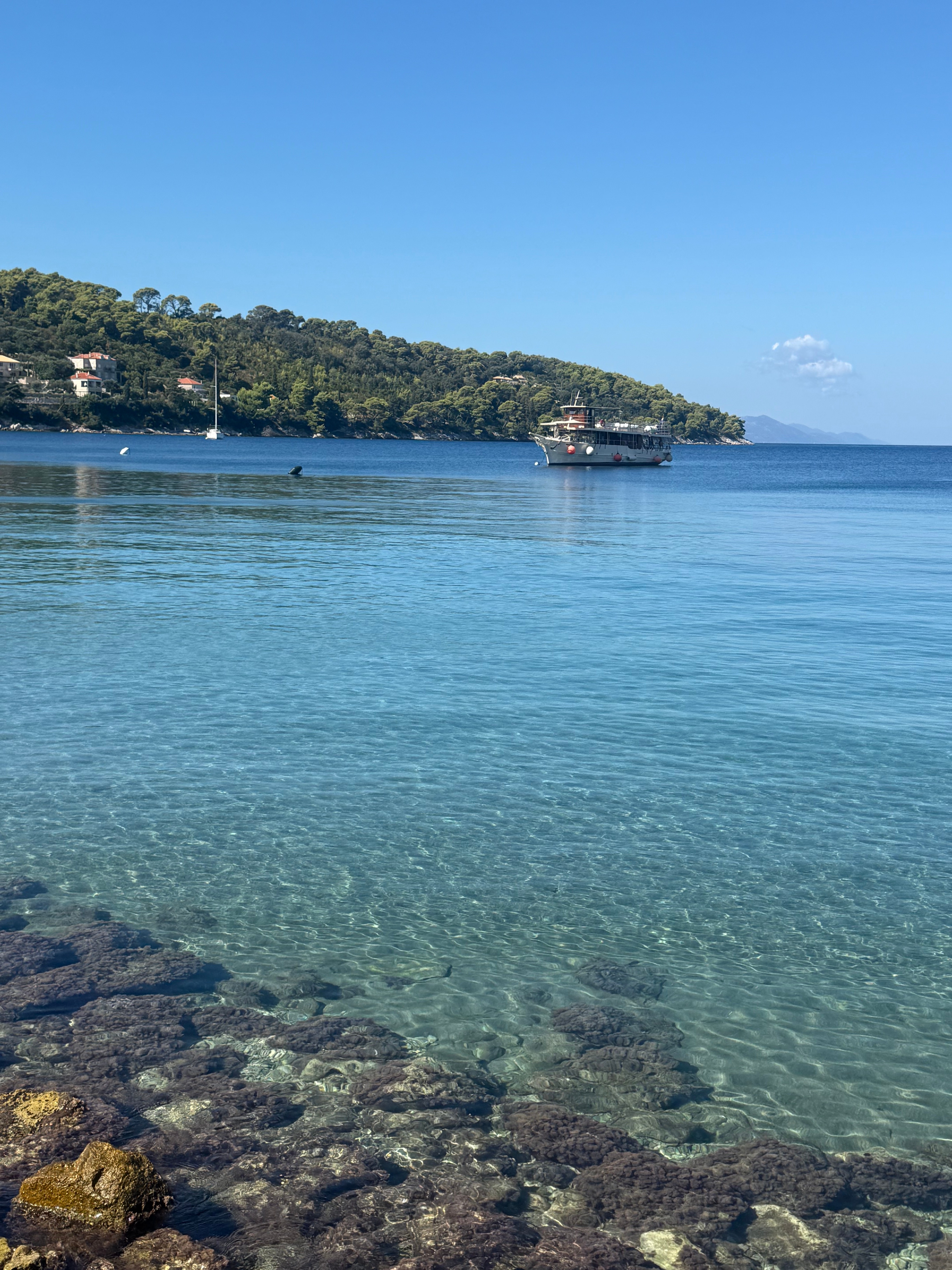 Crystal-clear turquoise water over rocks in a bay, with a pine-covered hillside, villas and a moored boat