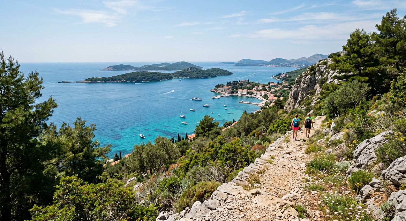 Hilltop footpath looking down over a turquoise bay and the Elaphiti Islands