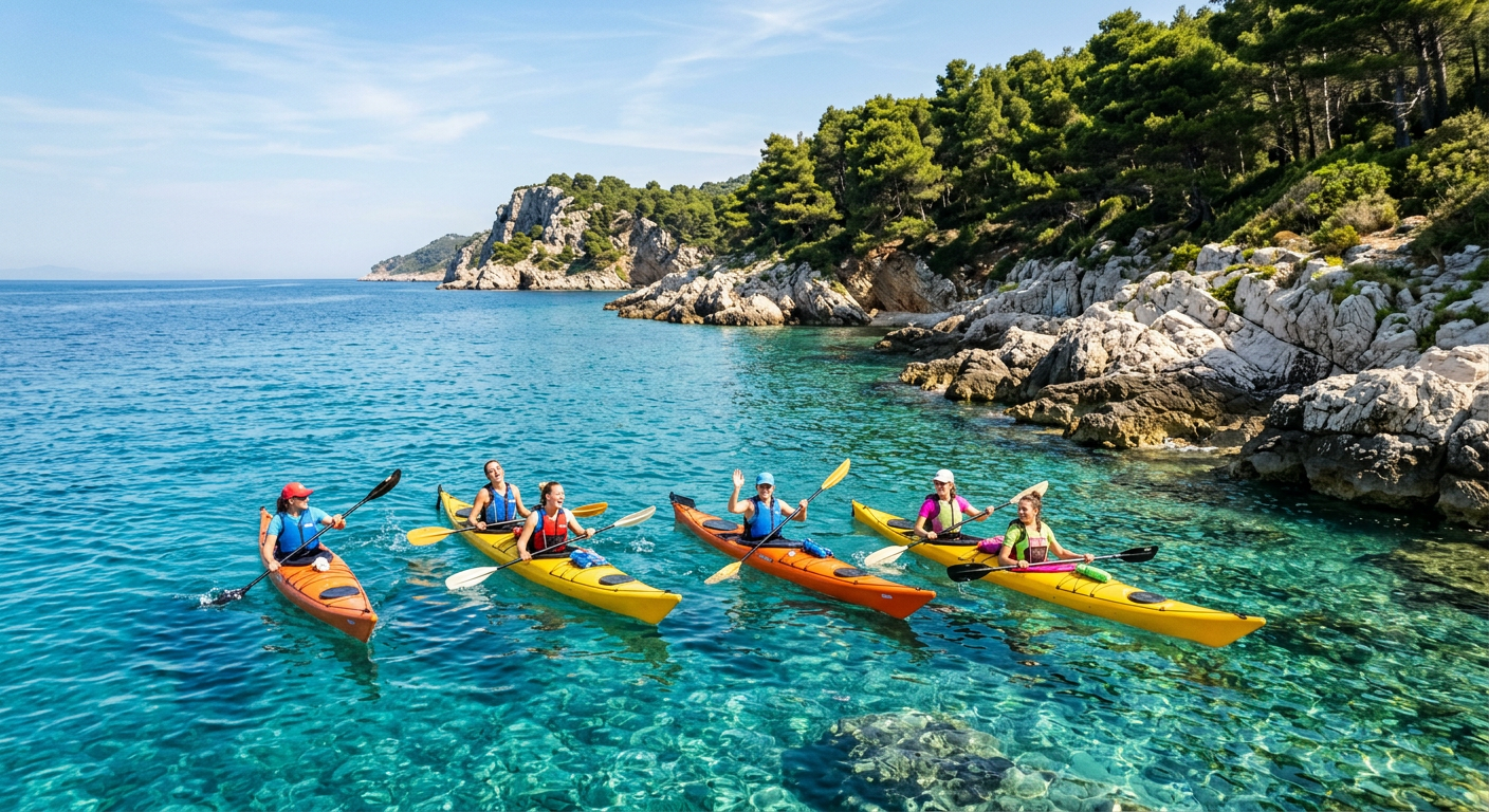Women sea kayaking in clear turquoise water off a rocky island coast