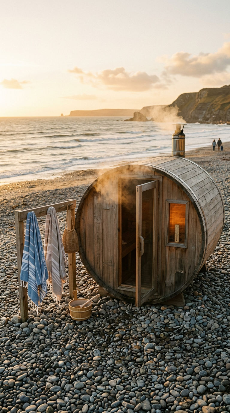Wooden barrel sauna steaming on a pebble beach at golden hour