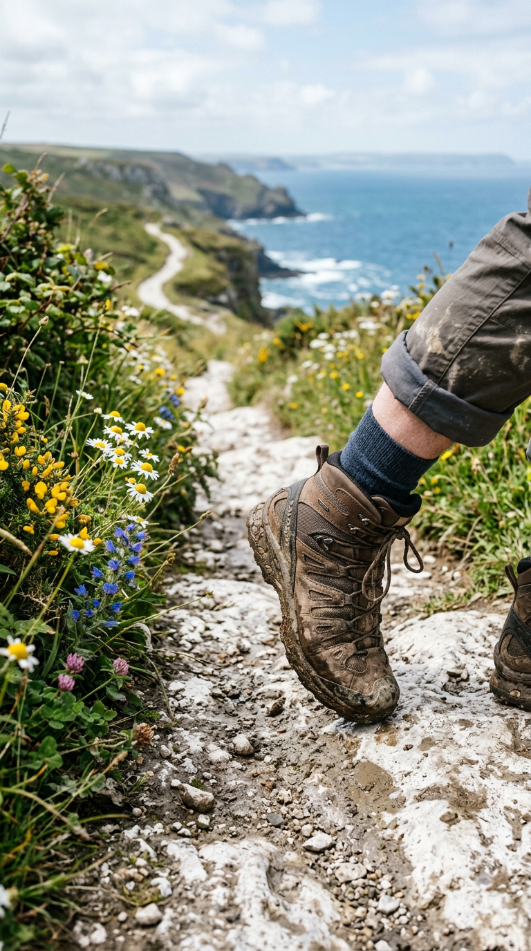 Muddy hiking boots on a chalky coastal path with wildflowers