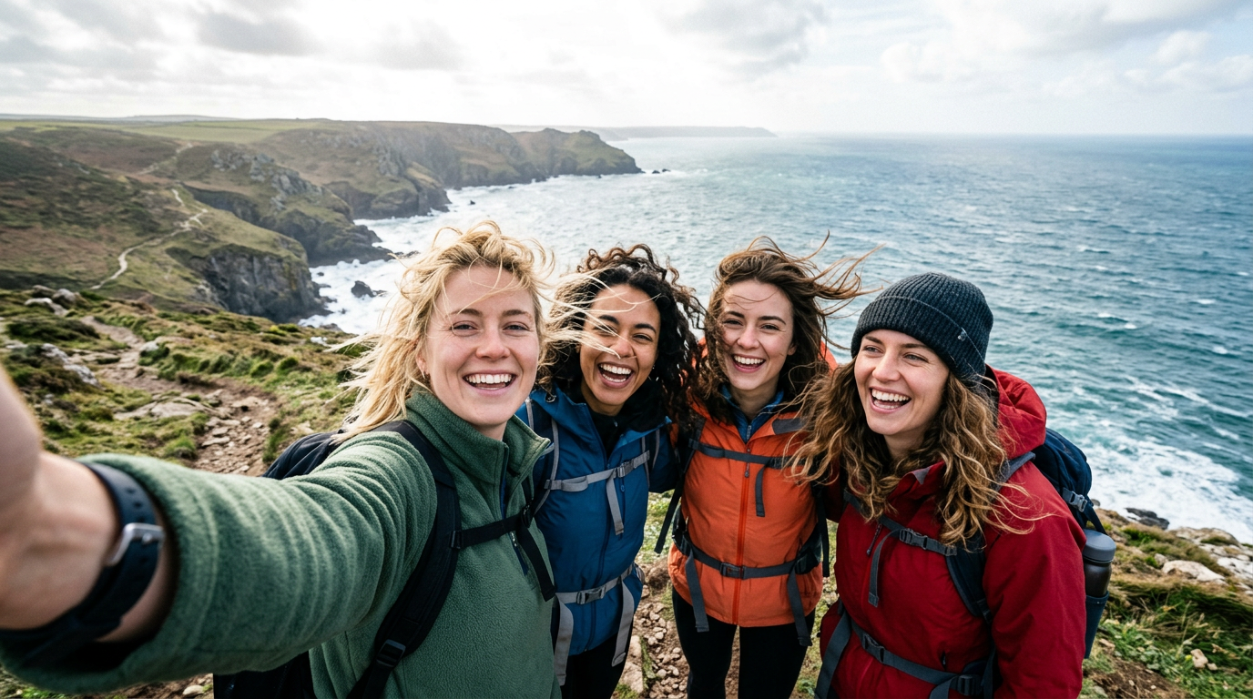 Group selfie of four women hikers on a windy clifftop