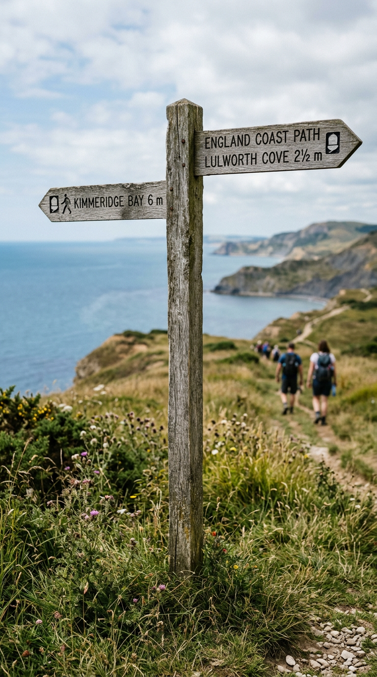 Weathered wooden England Coast Path fingerpost on a clifftop