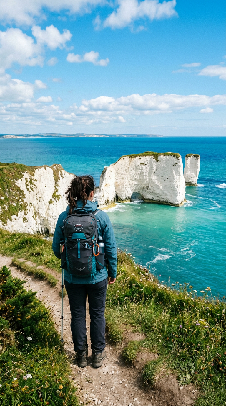 Hiker looking out at Old Harry Rocks near Swanage