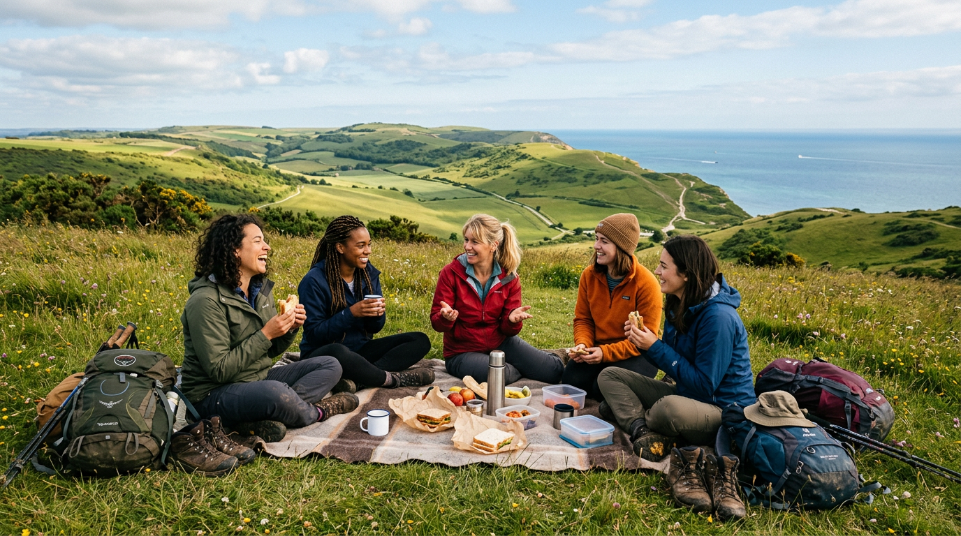 Women hikers sharing a picnic lunch on a grassy hillside