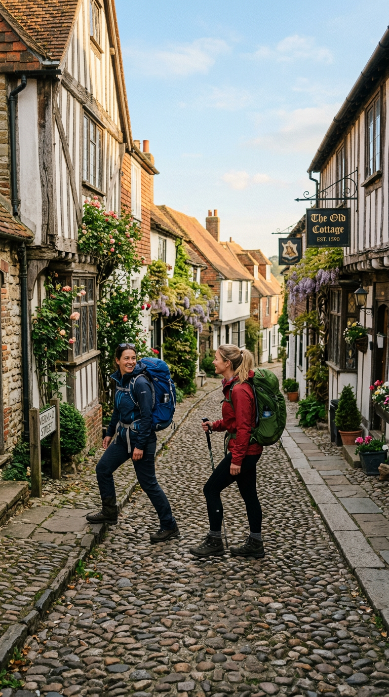 Hikers walking up a cobbled street of old cottages in Rye