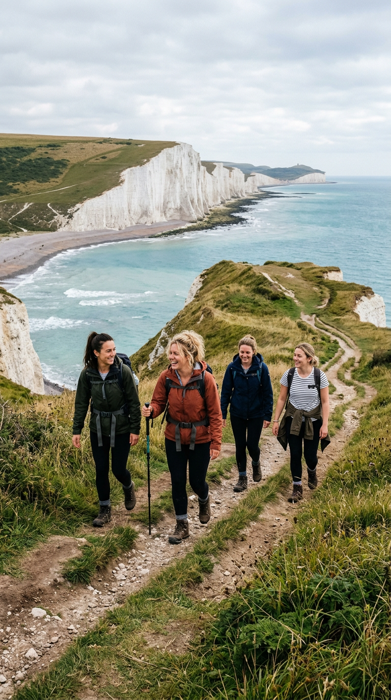 Group of women hiking along the Seven Sisters chalk cliffs
