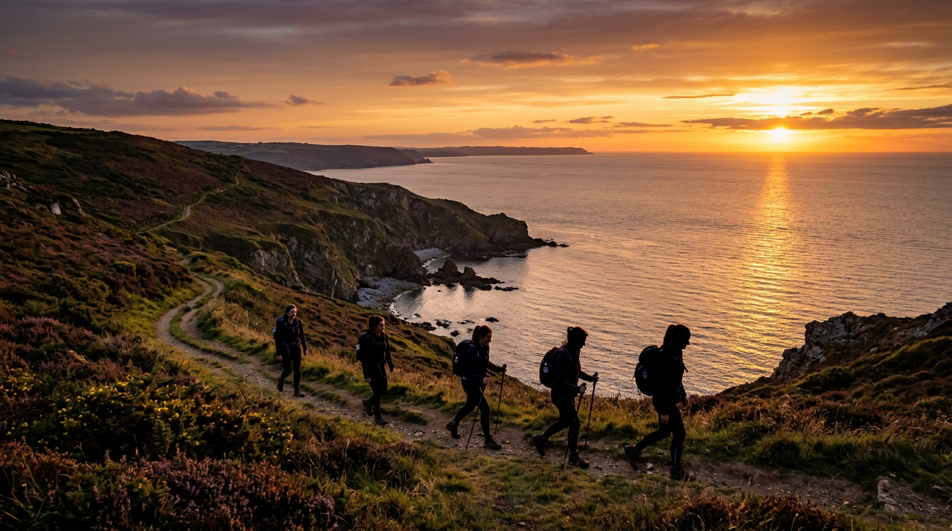 Silhouettes of hikers walking down a coastal hill at sunset